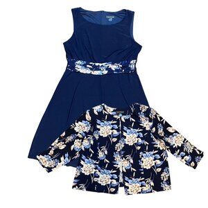 Jessica Howard Two Piece Navy/Floral Dress and Open Front Blouse Set Sz 20W